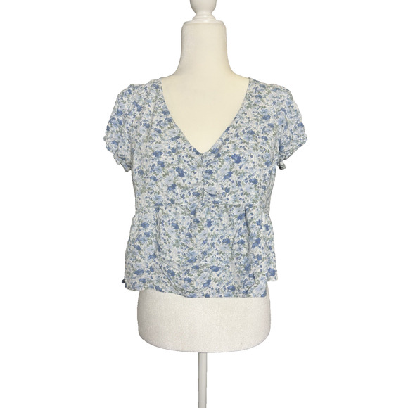 Hollister Blue Floral Milkmaid, Cottagecore Boho‎ Ruffle Sleeve Peplum - Picture 2 of 11